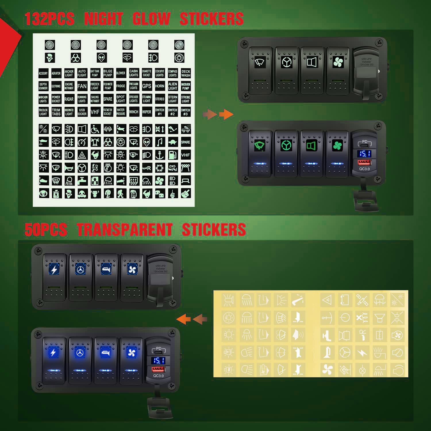 Unifizz 4-drożny przełącznik kołyskowy 12 V SPST ON wyłącznik PD typ C i QC 3.0 ładowarka USB woltomierz wodoodporny aluminiowy przełącznik kołyskowy panel DIY naklejki na łodzie, samochody, kampery,