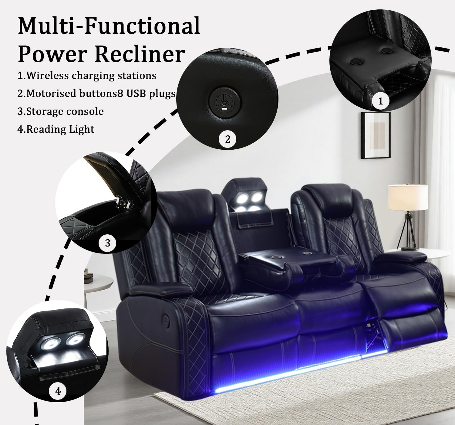 Power Leather Recliner Sectional Sofa Set with LED Lights,L Shaped Reclining Sectional Couch,3 Seats Sofa and Chair with Coffee Table/Storage for Living Room(Black,10 Seater)