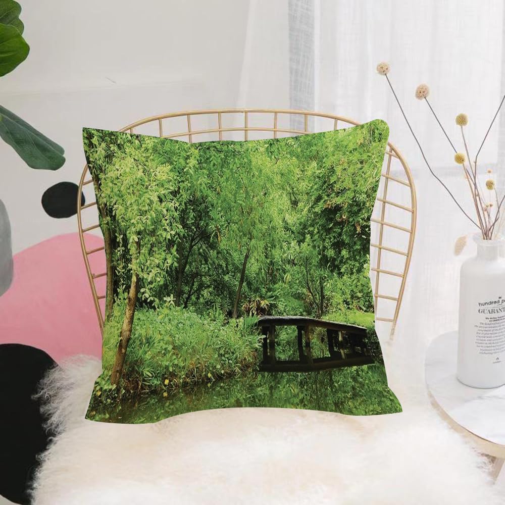 HYMSXW Cushion Cover,Throw Pillow Case Home Decorative for Living Room Bedroom Sofa Chair 20X20 Inch,Green forest, stream bridge, still water in green environment, wooden bridge,Pillowcase 50X50cm