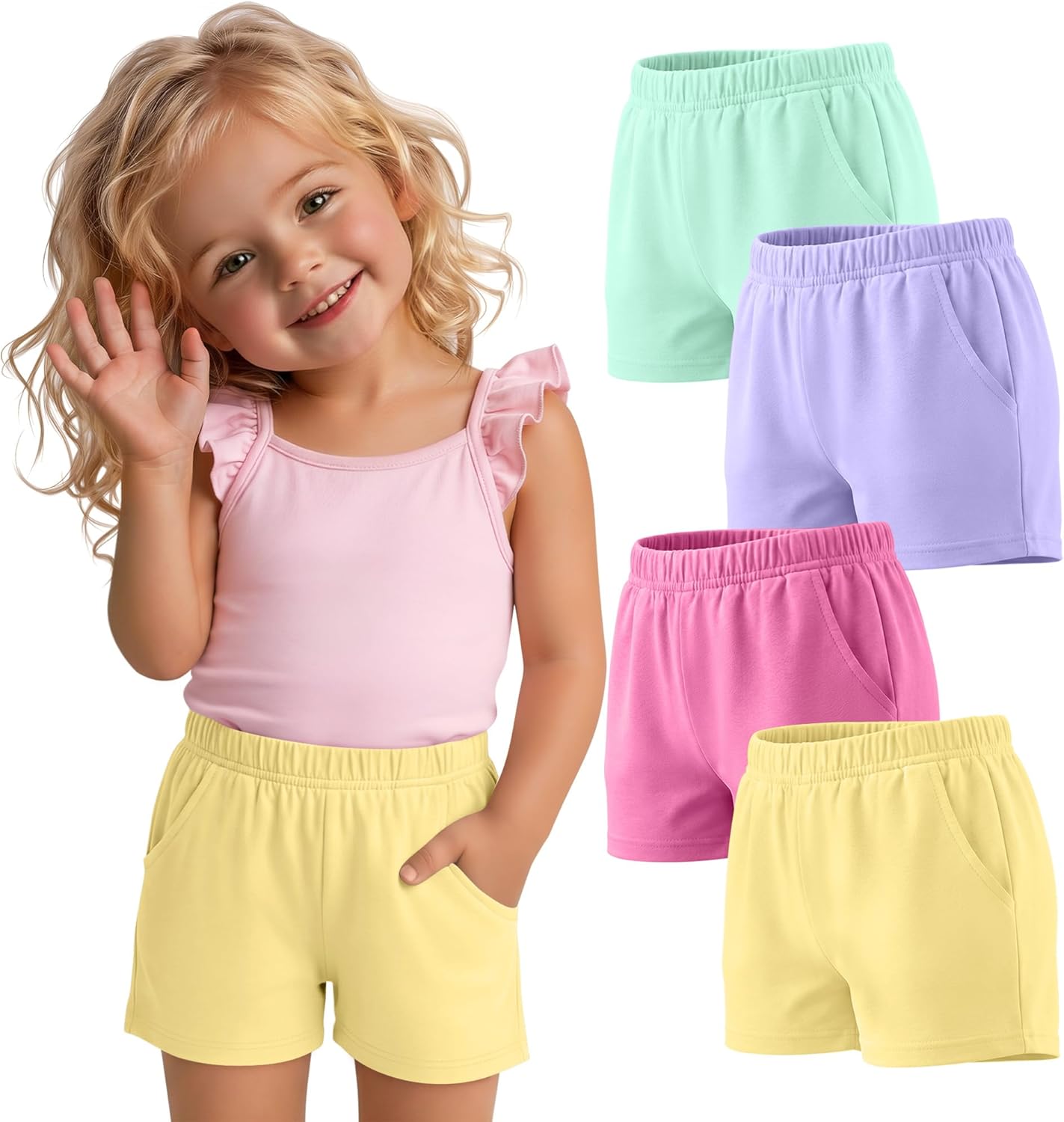 Oakgarden 4 Pack Girls Shorts Toddler Athletic Bike Casual Summer Active Elastic Waist Shorts with Pockets for Kids 2t-10y