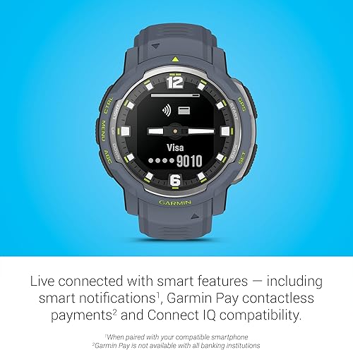 Vista 6 de Garmin Instinct Crossover, reloj inteligente híbrido resistente, manecillas analógicas y pantalla digital, granito azul azul Granite