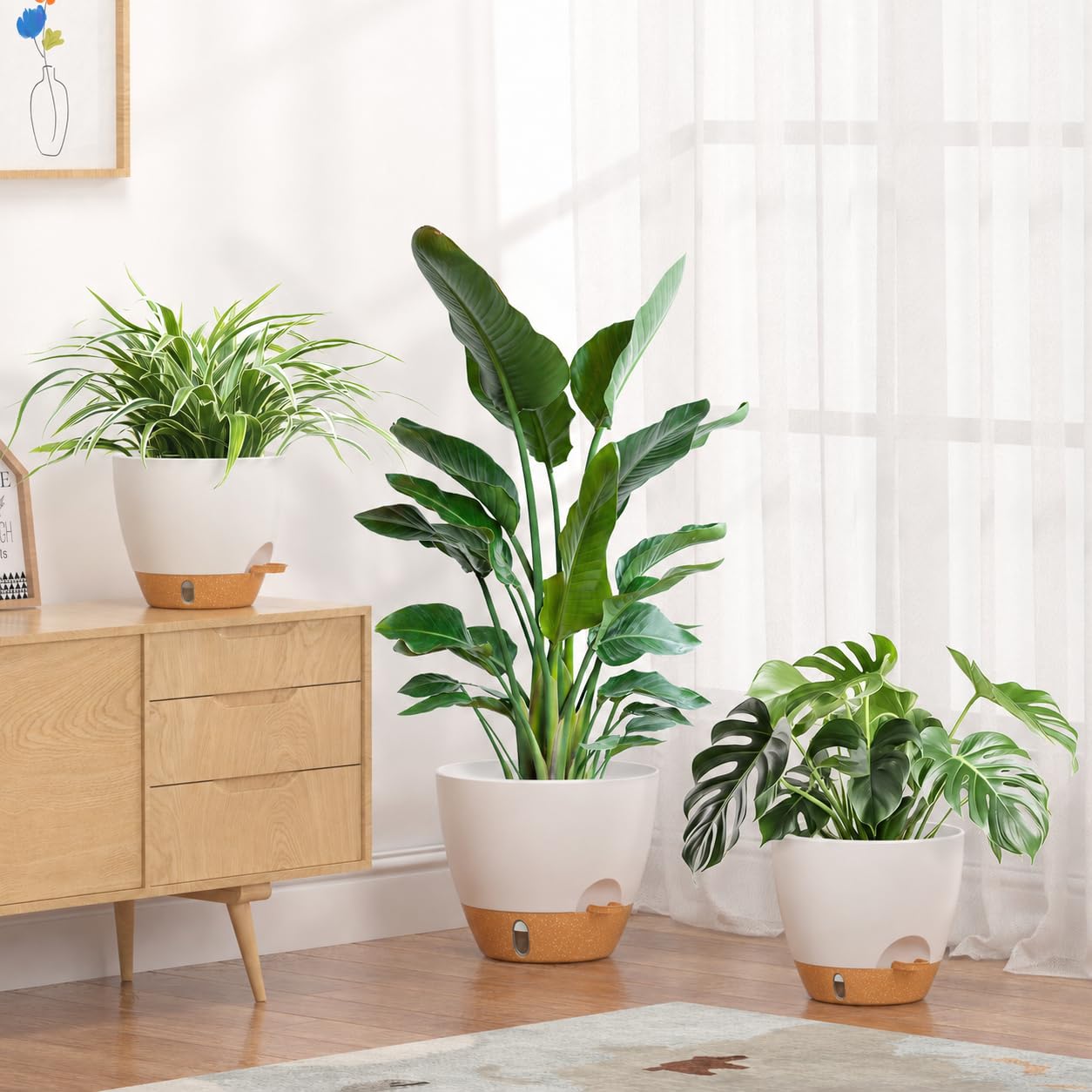 Set di 3 vasi da fiori autoirriganti, 20/25/30,5 cm, con sottovaso e fori di drenaggio, moderni vasi per piante da interni ed esterni, bianco