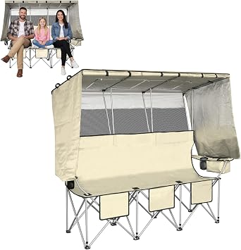 BESTHLS 3 Person Camping Chair with Canopy Shade Oversize Folding Beach Chair with 3 seat for Camp Outdoor Concert SportsWhite