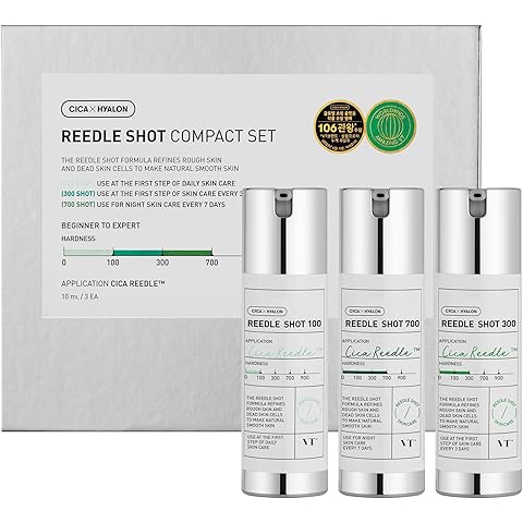 VT COSMETICS Reedle Shot Compact Set, Microneedling Serum Gift Set with Reedle Shot 100, 300, 700, Exfoliating, Anti-Aging, Travel Size Skincare for Women, Holiday Gift (0.34 oz / 10ml Each)