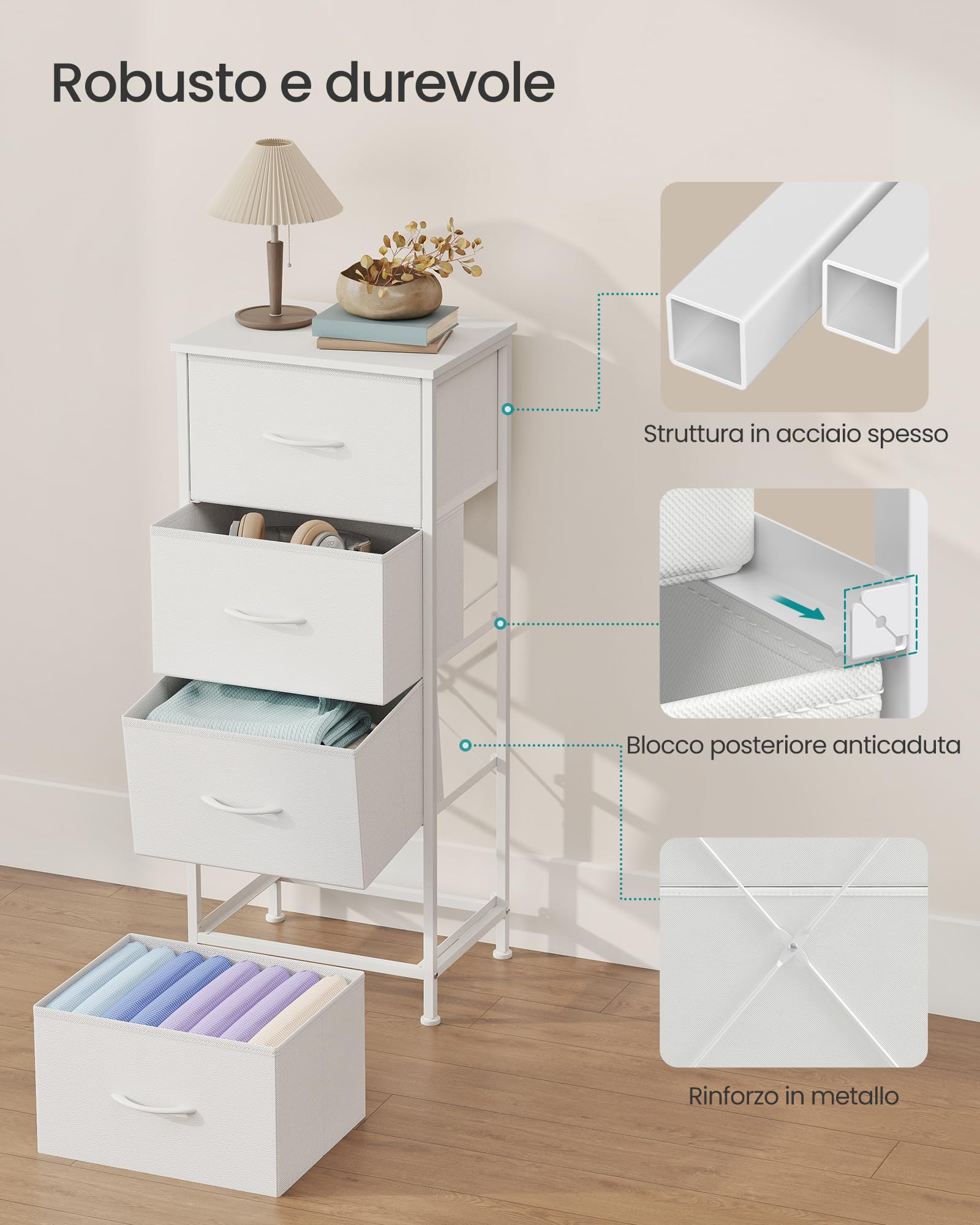 SONGMICS BELLAH Collezione - Cassettiera con 4 Cassetti in Tessuto, Acciaio, MDF, Tessuto Non Tessuto, per Camera da Letto, Armadio, Corridoio e Soggiorno, Bianco Nuvola e Bianco Neve LGS314WH01