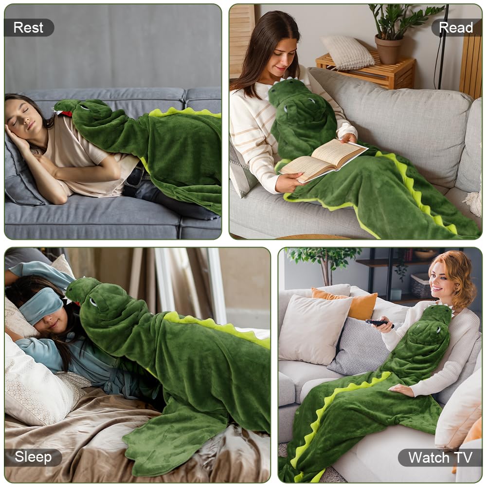 Saco de Dormir de Cocodrilo, Saco de Dormir con Cremallera de Cocodrilo，Dormir de Franela Súper Suave y Acogedor con Capucha y Cola