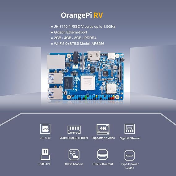 Orange Pi RV 2GB/4GB/8GB LPDDR4 RISC-V Single Board Computer with StarFive JH7100 4-Core 64-Bit Processor, Wi-Fi 5.0/Bluetooth 5.0, Development Board Run Linux/Debian(4GB)