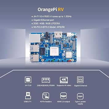 Orange Pi RV 2GB/4GB/8GB LPDDR4 RISC-V Single Board Computer with StarFive JH7100 4-Core 64-Bit Processor, Wi-Fi 5.0/Bluetooth 5.0, Development Board Run Linux/Debian(4GB)