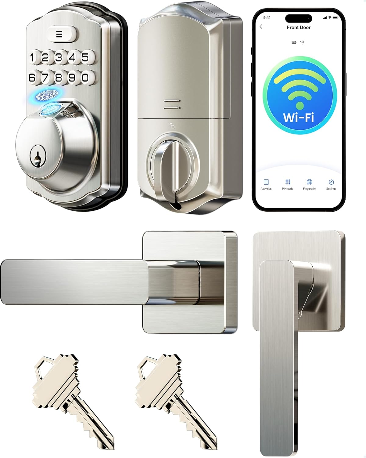 Veise VE012W-L Built-in WiFi Fingerprint Smart Lock with Lever Handle Set, App Remote Control, Keyless Entry for Front Door, Deadbolt Digital Backlit Keypad, Voice Assistant, Auto Lock, Satin Nickel