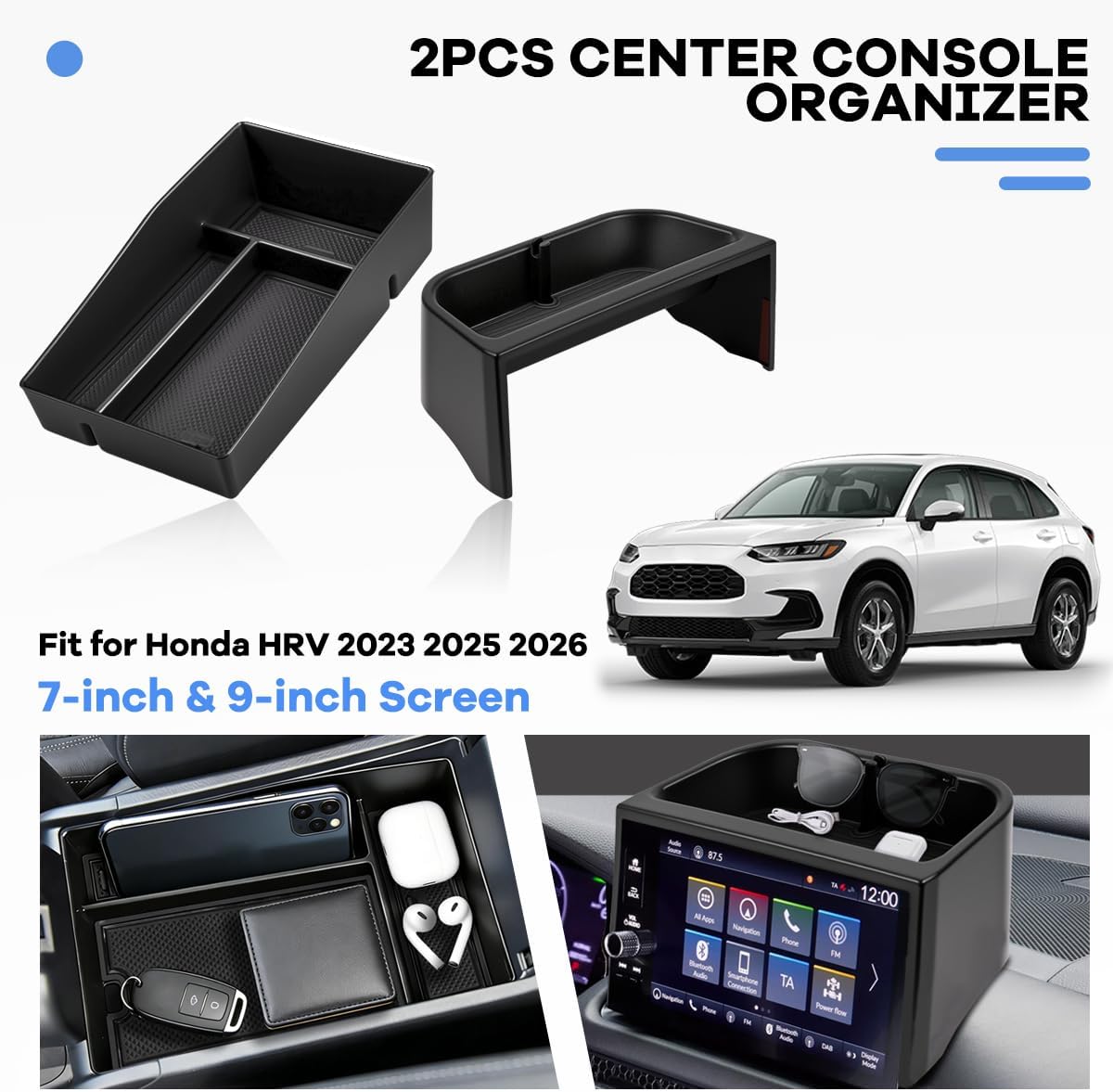 2PCS Center Console Organizer Compatible with Honda HRV 2023-2025 2026 Accessories, Armrest Storage Box + Dashboard Storage Organizer (Fit Both 7-inch & 9-inch Screen)