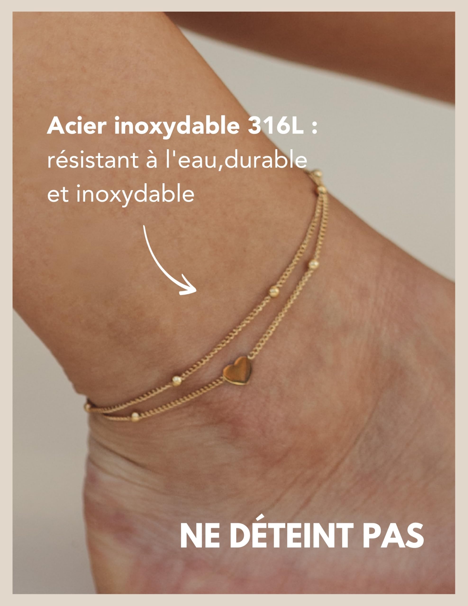 Bracelet de cheville coeur pour femme - Résistant à l'eau I Bracelet de cheville à plusieurs rangs - Réglable I Bijoux de pied filigrane en acier inoxydable en or - argent - or rose