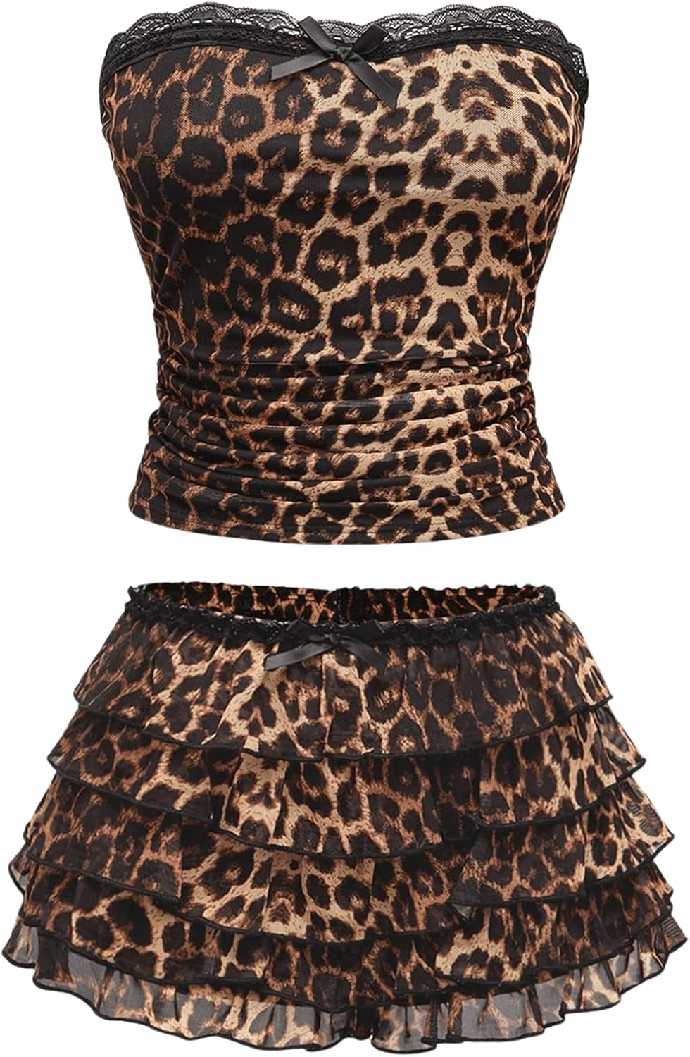 BEAUDRM Women's 2 Piece Outfit Y2k Cheetah Set Lace Leopard Tube Top Mesh Ruffle Mini Micro Shorts Sexy Rave Part Clubwear