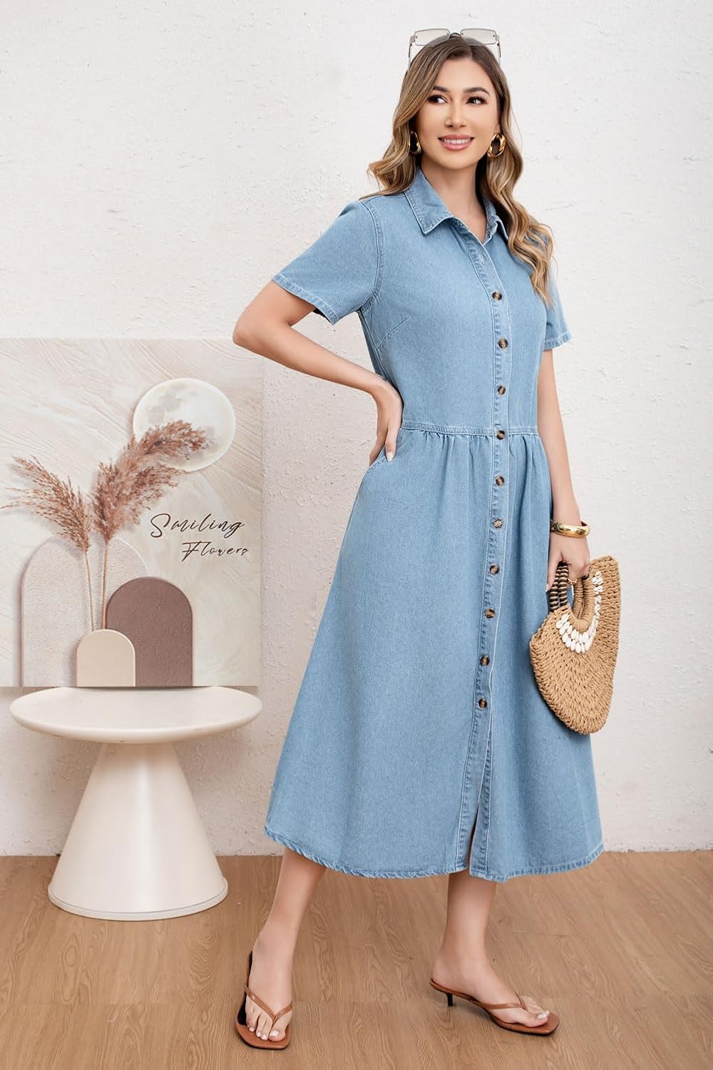 utcoco Womens Denim Dress Lapel Short Sleeve Frayed Hem Jean Dresses Oversized Button Down A Line Shirt Dress - Image 3