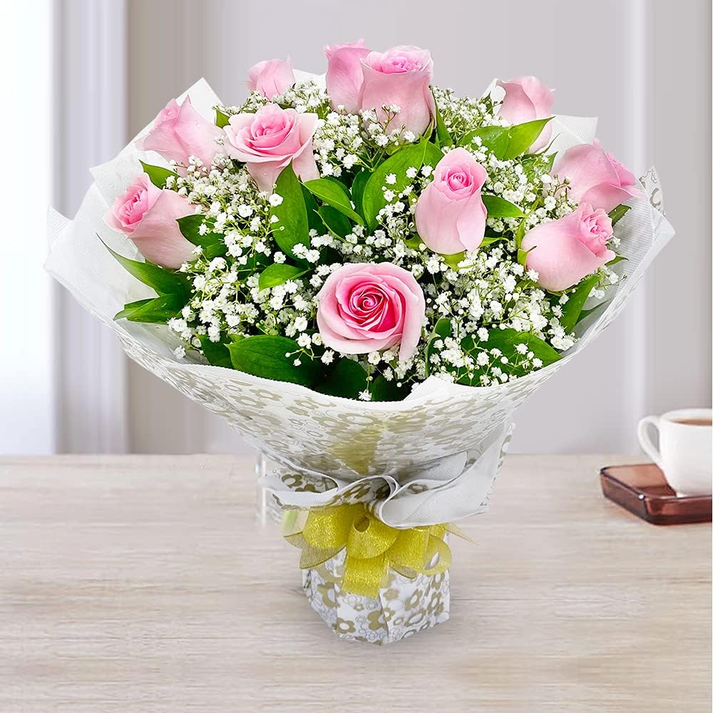 Flowershop.ae Heavenly Pink Rose Hand-tied Bouquet, Fresh Flowers for Delivery (Standard - 12 Pink Rose)