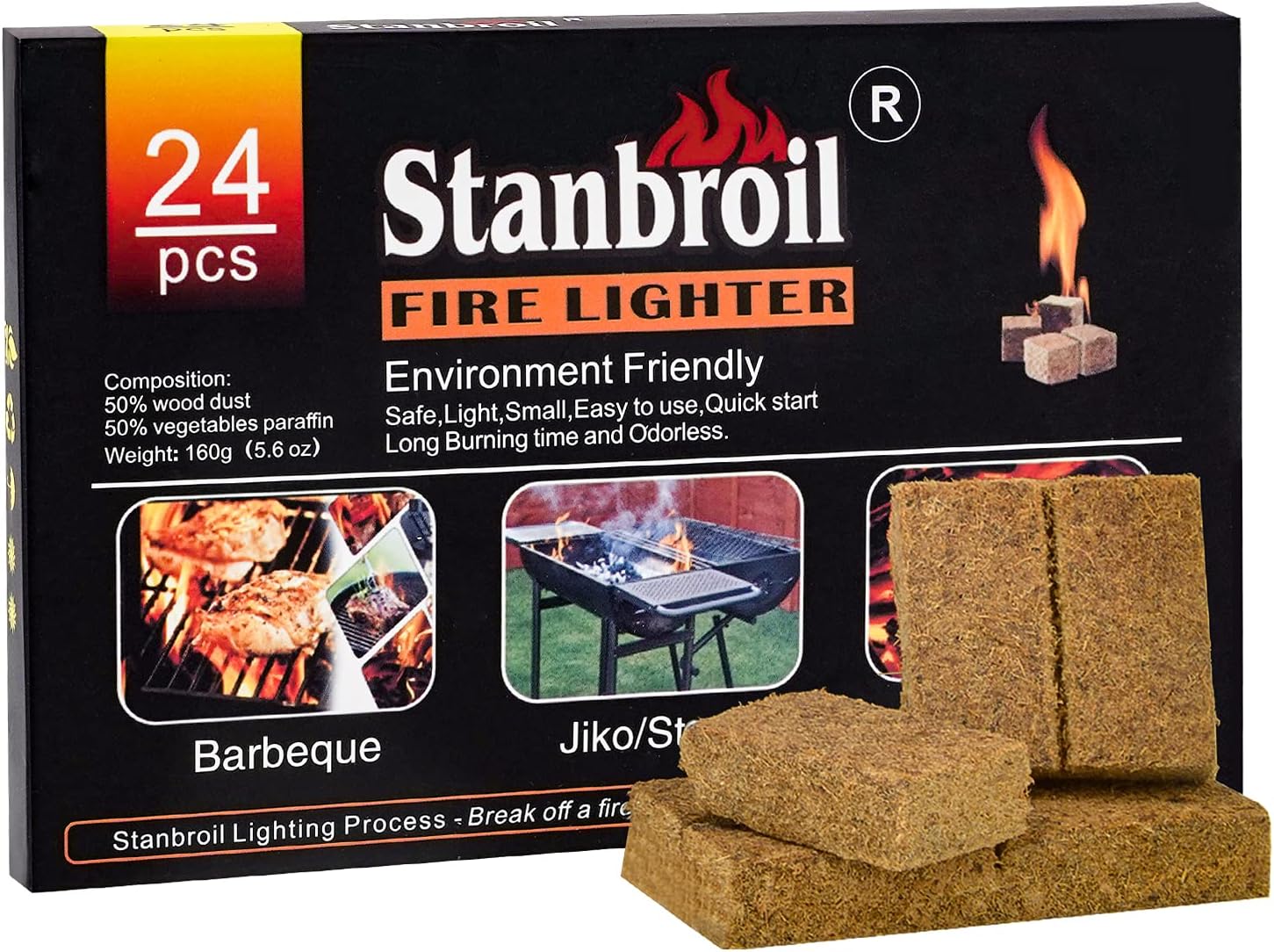 Stanbroil 24 pcs Fire Starters, Squares Natural Charcoal Fire Starters Super Fast Lighting Perfect for Barbecue Grills, Smokers, Wood Stove, Campfires and Outdoor Fireplaces