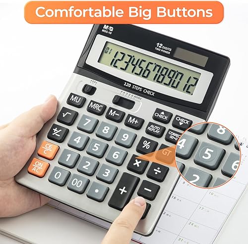 Miniatura 4 de M&G Calculadora de escritorio Calculadora de pantalla LCD de 12 dígitos extra grande con verificación y corrección, energía solar dual y batería,