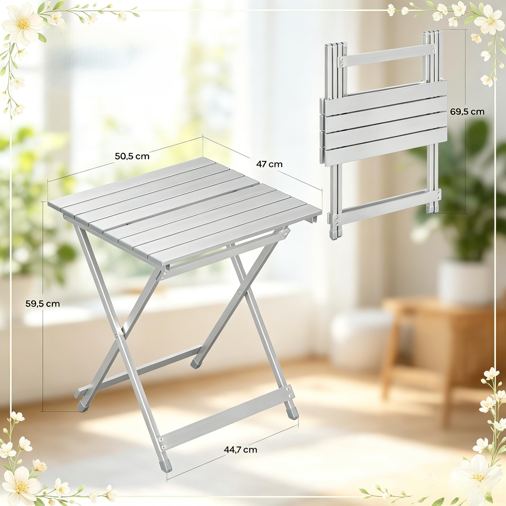 Tavolino pieghevole in alluminio color argento, design a X, 47 x 50,5 cm, leggero tavolo da balcone e tavolo da campeggio, per giardino, terrazza o barbecue