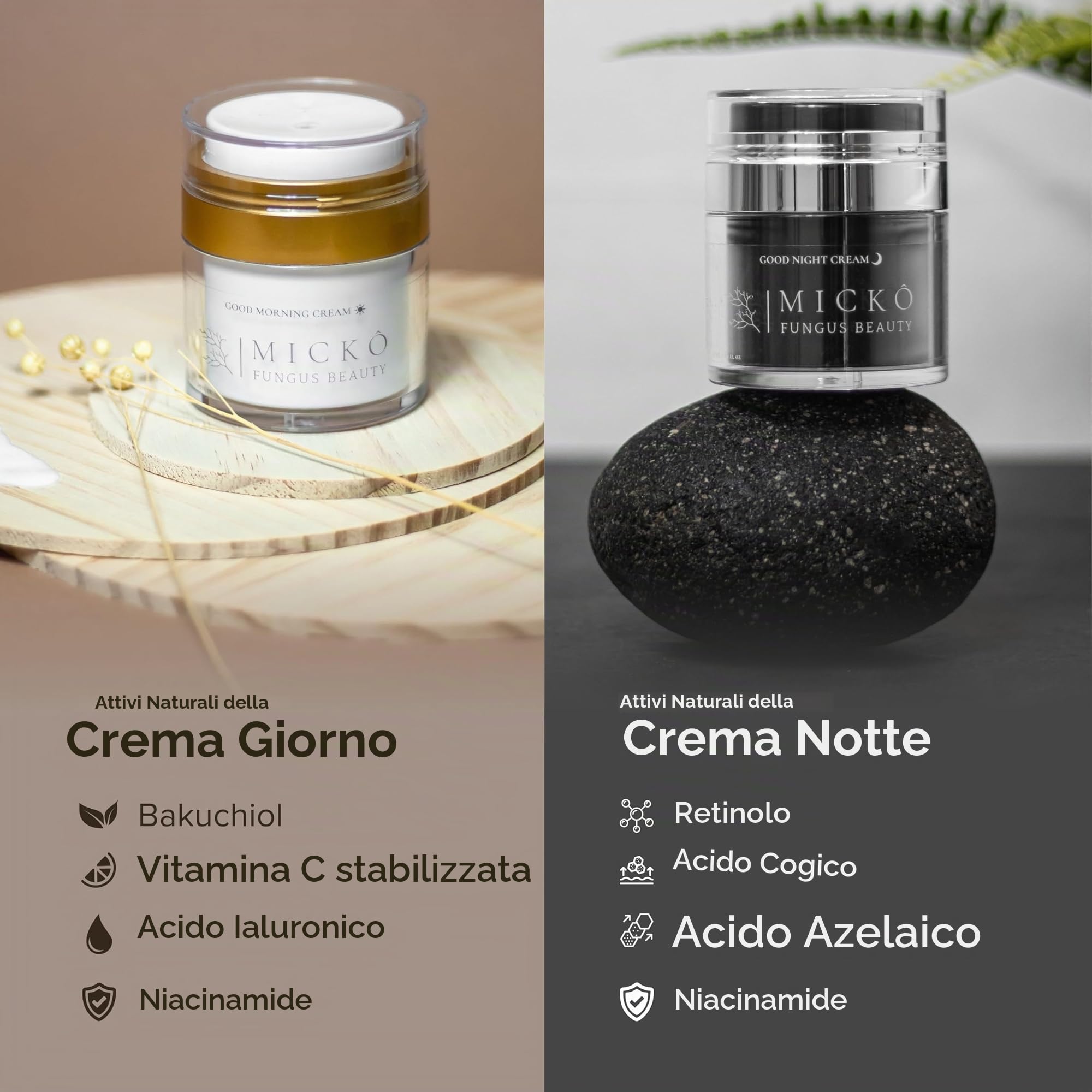MICKÔ Set Creme Viso Donna e Uomo, Crema Giorno Idratante con Niacinamide, Bakuchiol e Vitamina C, SPF30, Crema Giorno Antirughe Coreana, Crema Notte al Retinolo per Macchie, Confezione 50ml