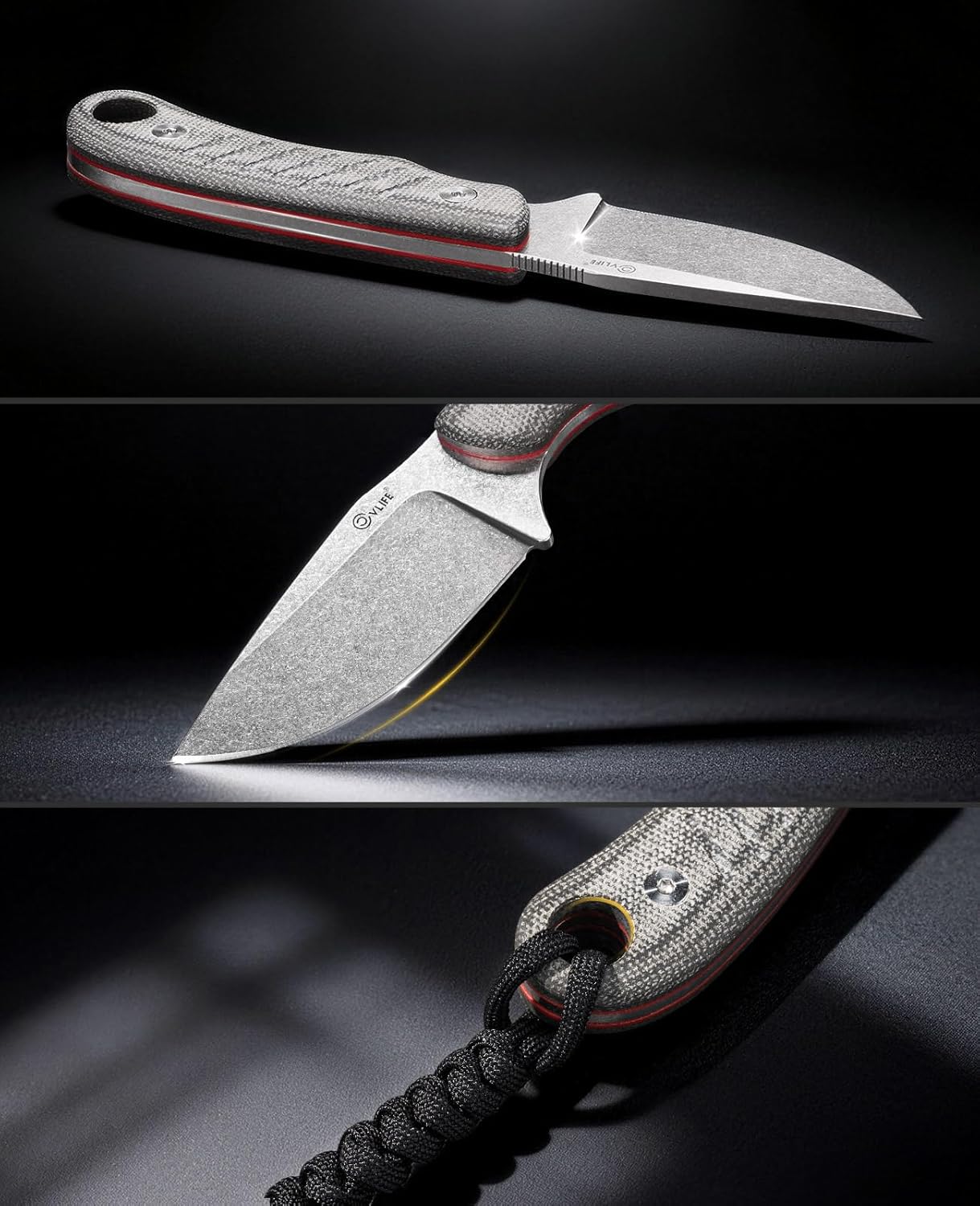 CVLIFE Full Tang Fixed Blade Knife with Kydex Sheath, 3.14" 14C28N Steel Blade, Gray Micarta with Red G10 Handle Scales for EDC, Camping, Survival, Hunting, Ideal Outdoor Choice for Men & Women, Grey