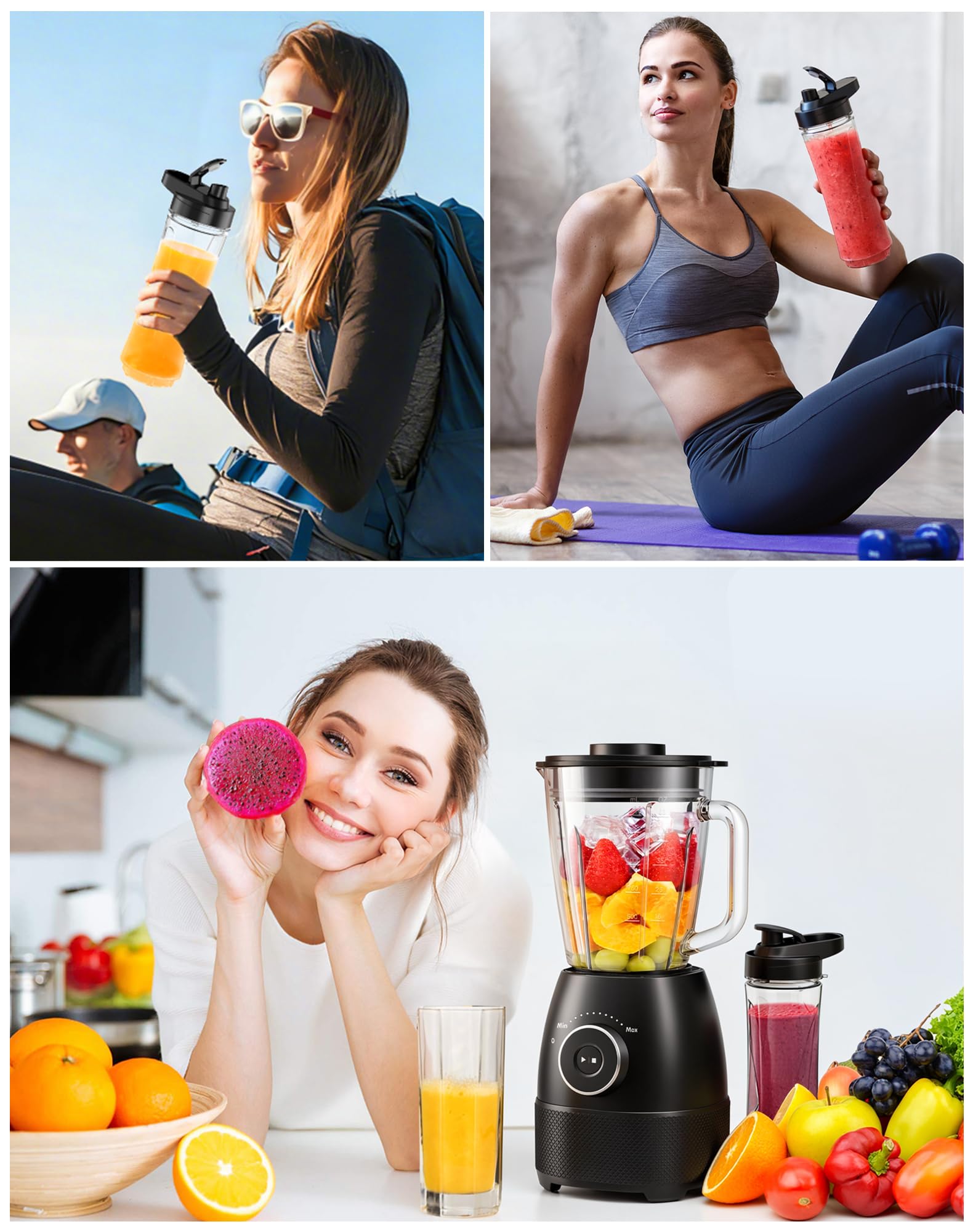 Batidora de Vaso, 1500W Batidora Smoothies, Vaso Batidora con Jarra de Vidrio 1,5L y Botella Tritan 600ml sin BPA, Velocidad Ajustable y Cuchillas de Acero Inoxidable, Licuadora para Zumos y Batidos