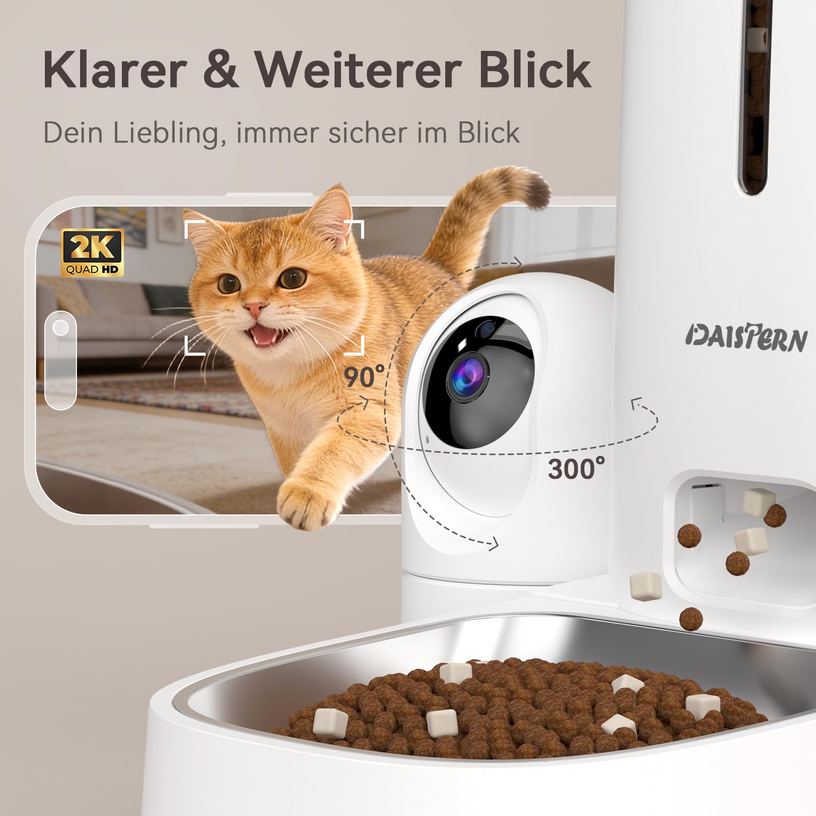 Futterautomat Katze Hunde mit Kamera 4L, Katzenfutter Automat mit 1080P HD-Video mit Nachtsicht & Zwei-Wege-Audio, Abnehmbare Kamera, 2,4G/5G WiFi App-Steuerung, KI Funktion