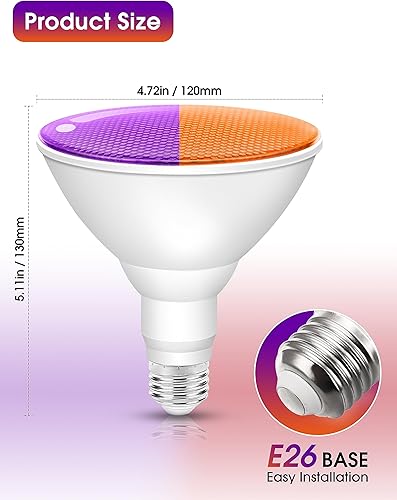 Miniatura 4 de Paquete de 2 bombillas de inundación naranjas y moradas para exteriores, PAR38 bombillas LED moradas de 15 W (equivalente a 100 W) E26 no regulable,