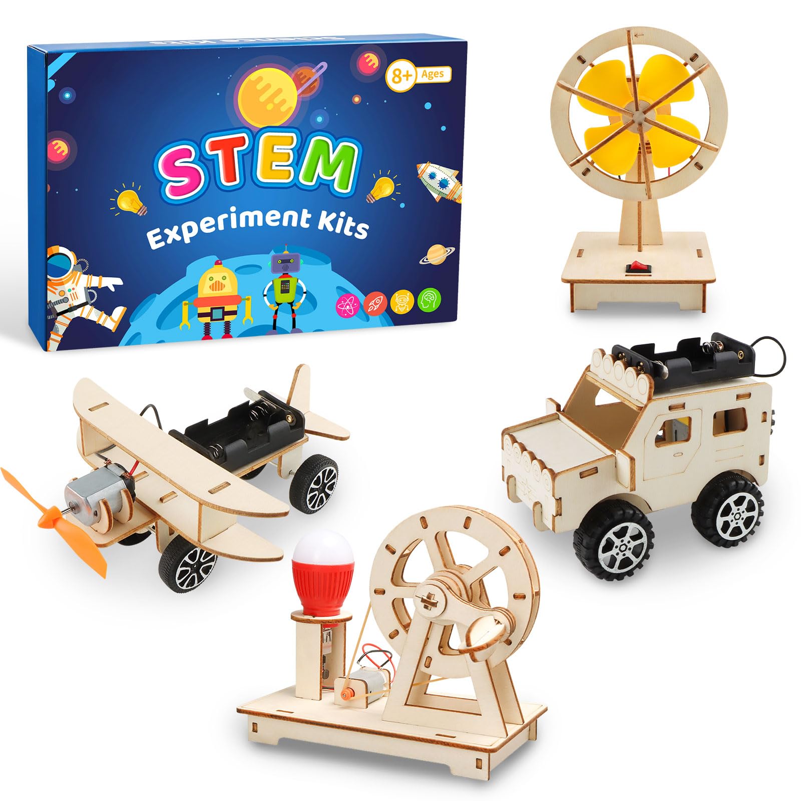 4 experimentos electrónicos para niños a partir de 8 años, juego de construcción de madera, juego de construcción de rompecabezas en 3D, caja de construcción electrónica DIY STEM