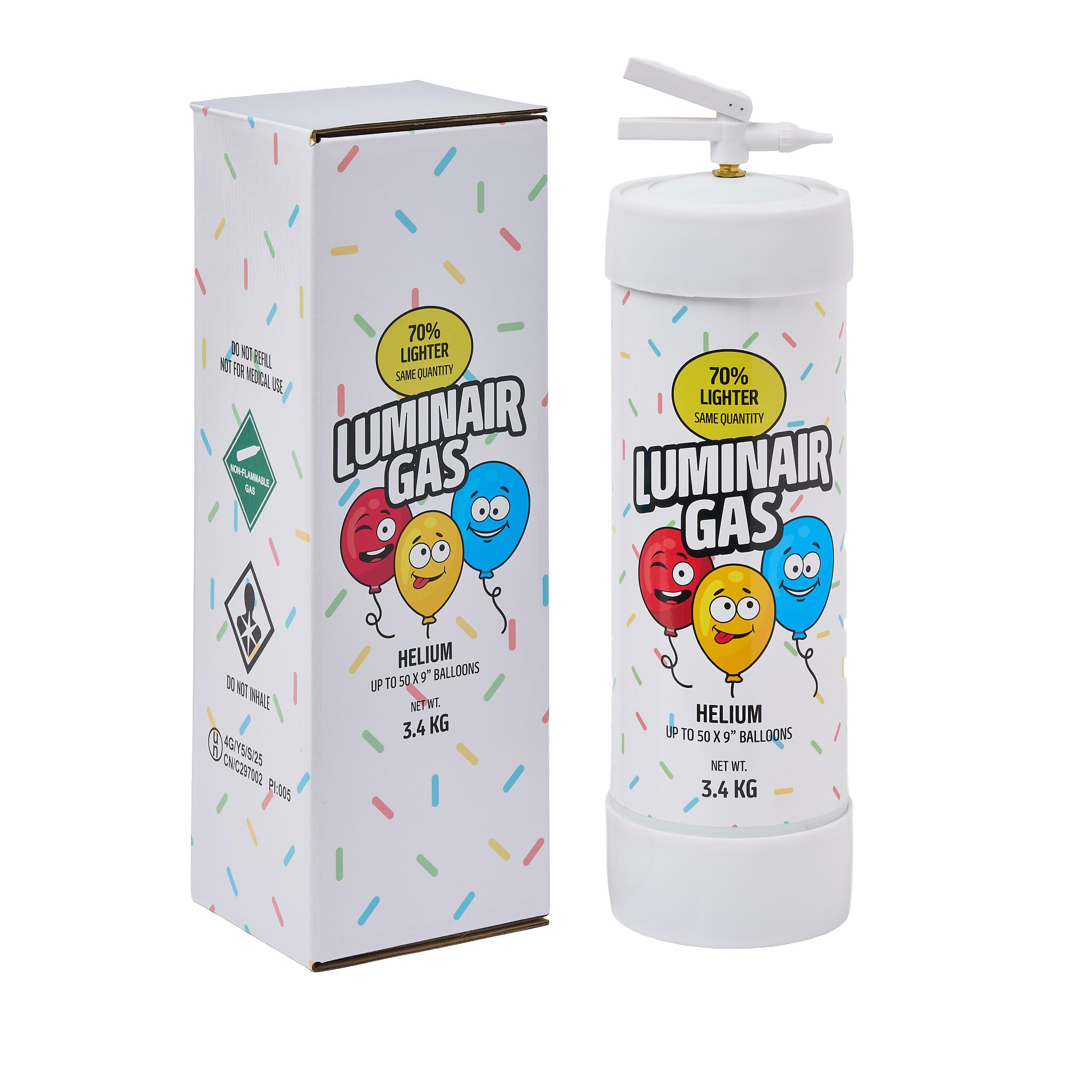 LuminairGas Ultra-Light Helium Cylinder Fills up to 50 Balloons (3.4kg), 99.99% Pure Helium, Portable Tank for Parties & Events (White)