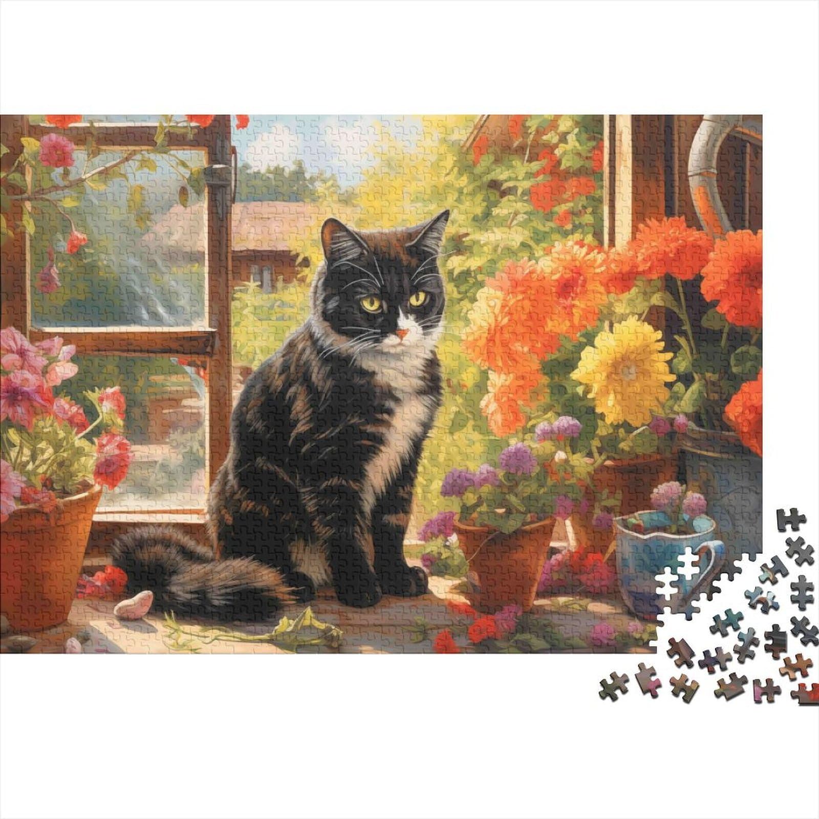Black and White Cat Jigsaw Puzzle for Adults 1000 Piece Jigsaw Puzzle Paper Puzzle Game Flower Window Scene Relaxing Focus Home Decor 38x26cm/1000pcs โ image 1