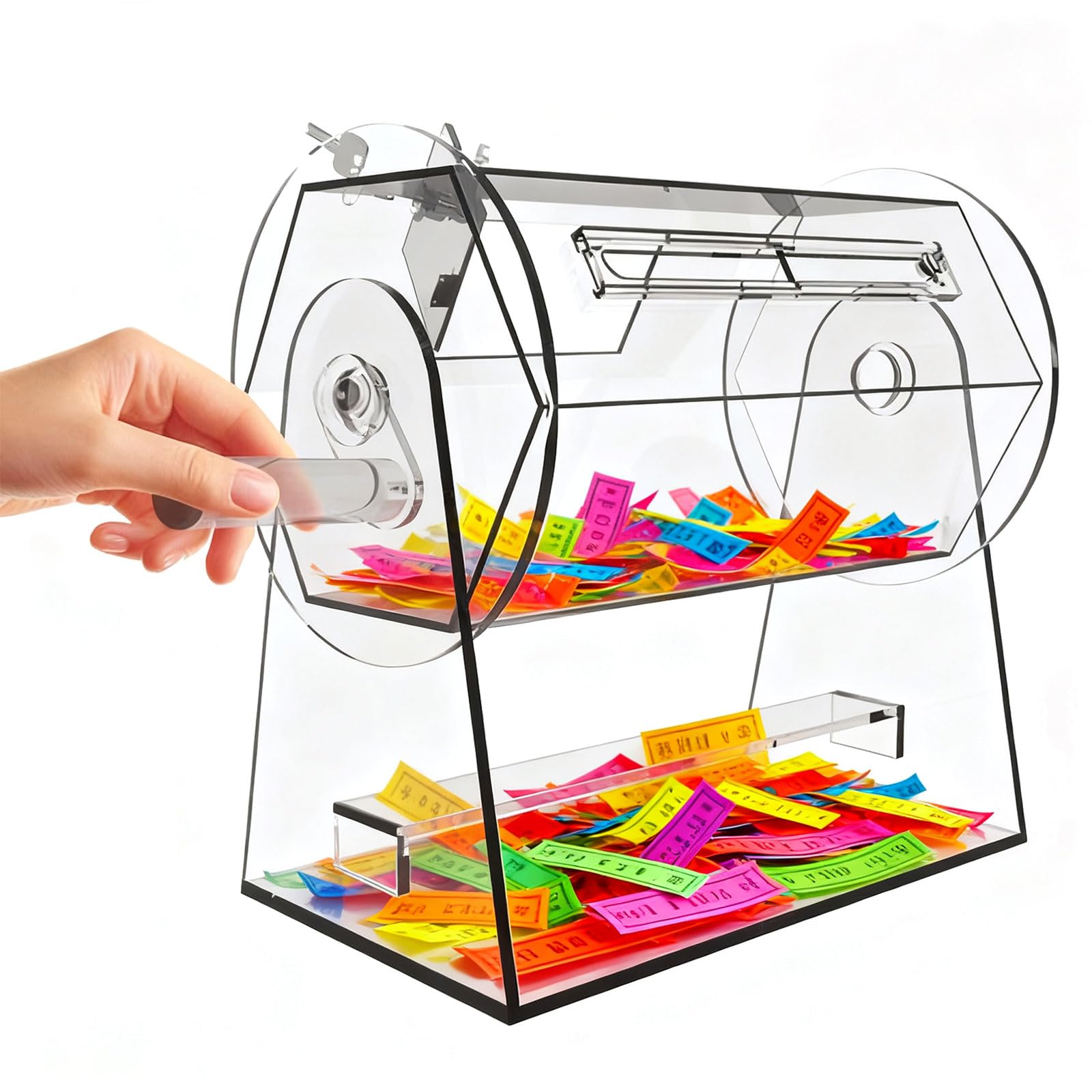 Clickovia Tombola Drum, Acrylic Raffle Ticket Drum with Handle And 2 Keys, Raffle Drum Holds 2000 Tickets, Spinning Cage Raffle Ticket Box for Lotteries, Fundraisers and Events