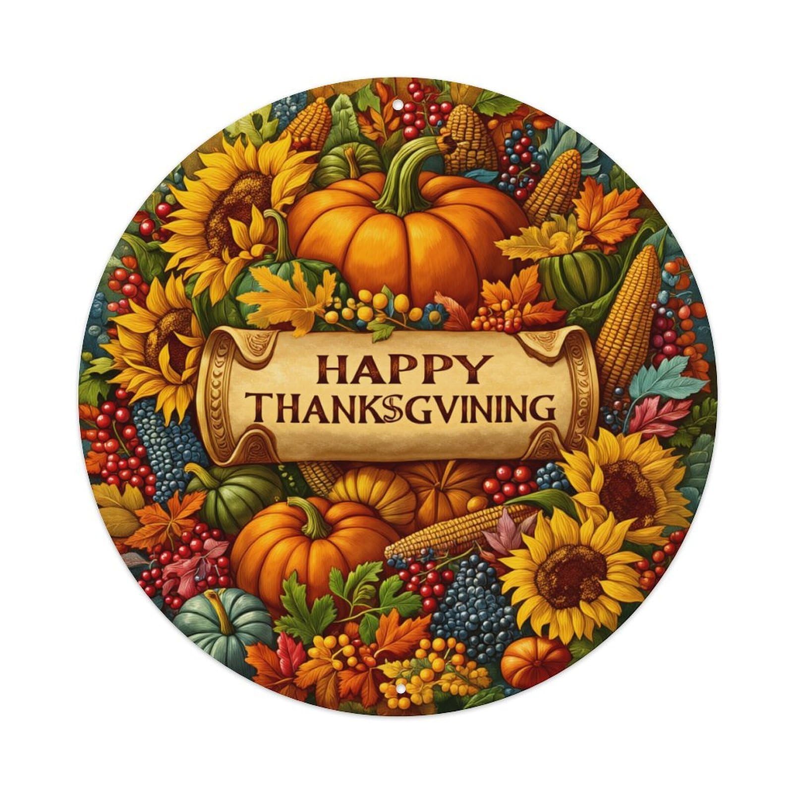 Autumn Harvest Thanksgiving Pumpkins Sunflowers Round Tin Sign Vintage Metal Poster, Home Bar Garage Man Cave Cafe Indoor & Outdoor Wall Decoration 8x8Inches
