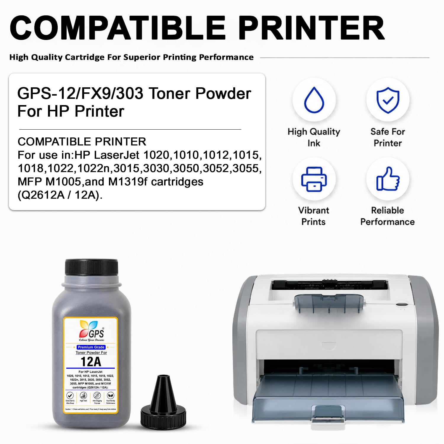 GPS 12A Toner Refill Powder Compatible for HP LaserJet 1020, MFP M1005, 1022, 1018, 1010, M1319f | Q2612A Black | Pack of 3 (100g x 3) | Page Yield: 6,000 Pages Total 1