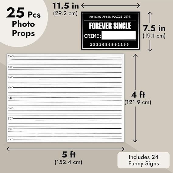 Blue Panda 25 Pack Bachelorette Mugshot Signs w/Height Chart - Bachelorette Backdrop for Wedding, Birthday, Jail Party Decorations, Halloween & Crime Scene - 5x4 Ft Mugshot Sign Pack