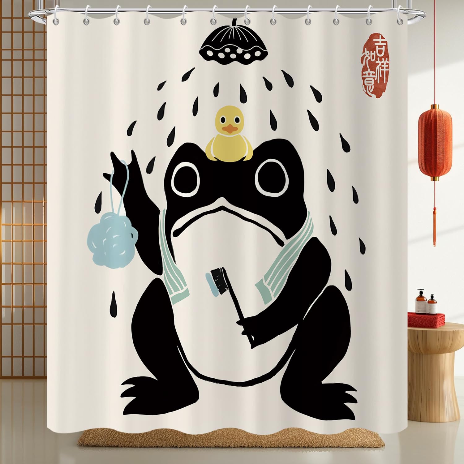 GCIREC Shower Curtain, 180x180cm, Funny Cute Frog Desk Showering Asian Japanese Art Waterproof Fabric Machine Washable Bathroom Curtain with Hooks — image 1