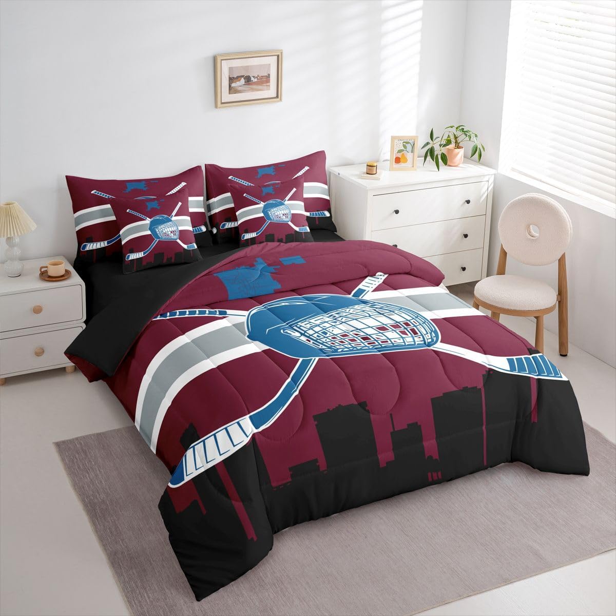 Erosebridal Boys Hockey 7 Pieces Bedding Set Winter Sports Queen Comforter Set with Sheets for Boys Girls Kids Room Decor Ice Hockey Bed in a Bag Bed Set Hockey Team Bedding for Bedroom,