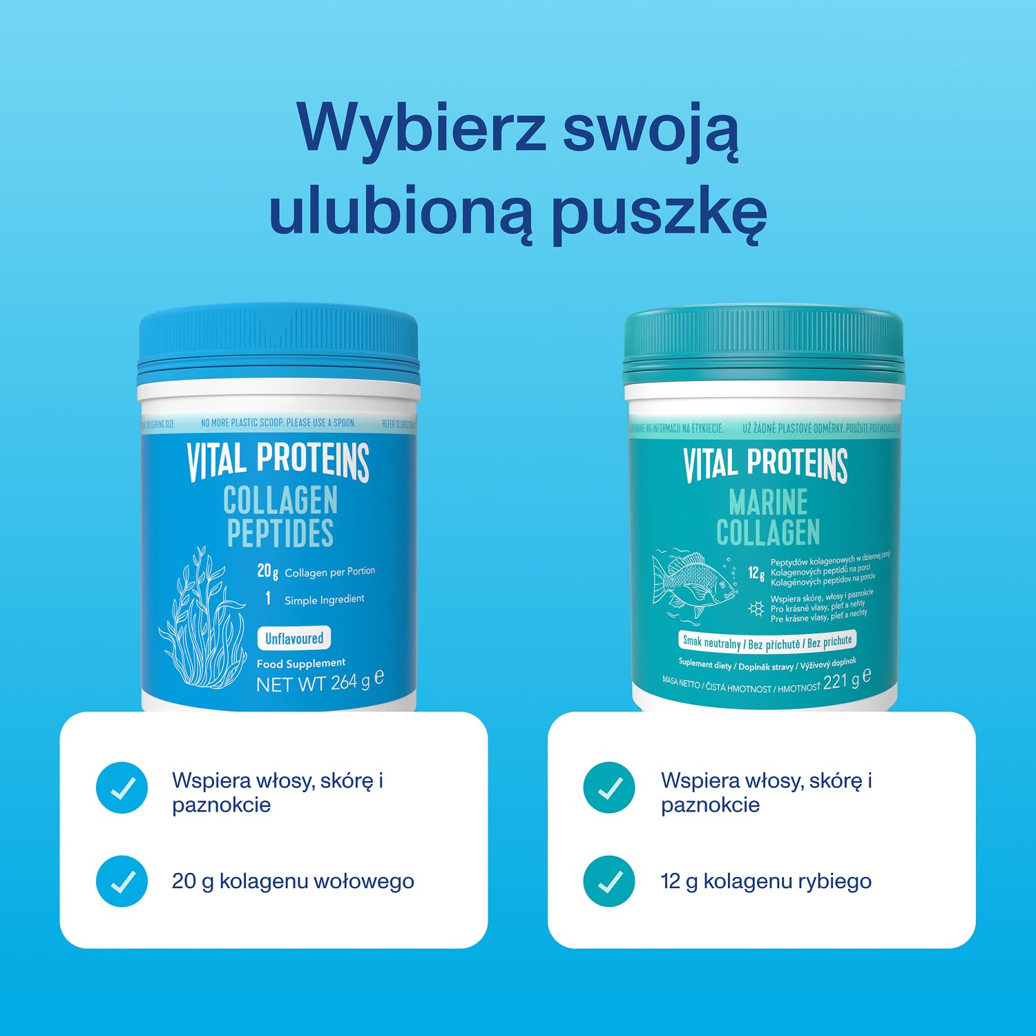 Suplement diety Vital Proteins Collagen Peptides w formie proszku, hydrolizowany kolagen o neutralnym smaku - wspiera skórę, włosy i paznokcie, bezglutenowy, 20g w porcji,1 opakowanie 264g