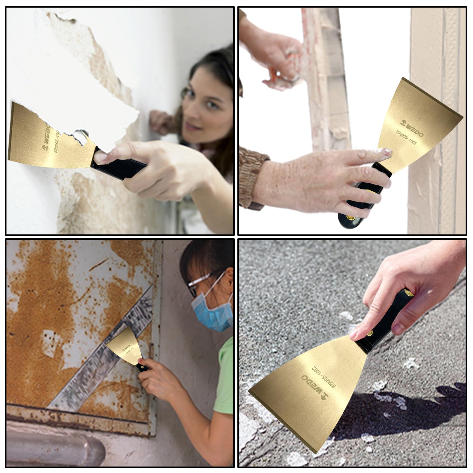 WEDO Set di 5 coltelli da stucco in ottone, lama larga 7,6 cm + lama multifunzione 6,3 cm + lama stretta 3,8 cm, raschietto per vernice con manico in bachelite, spazzola metallica in ottone da 28 cm,