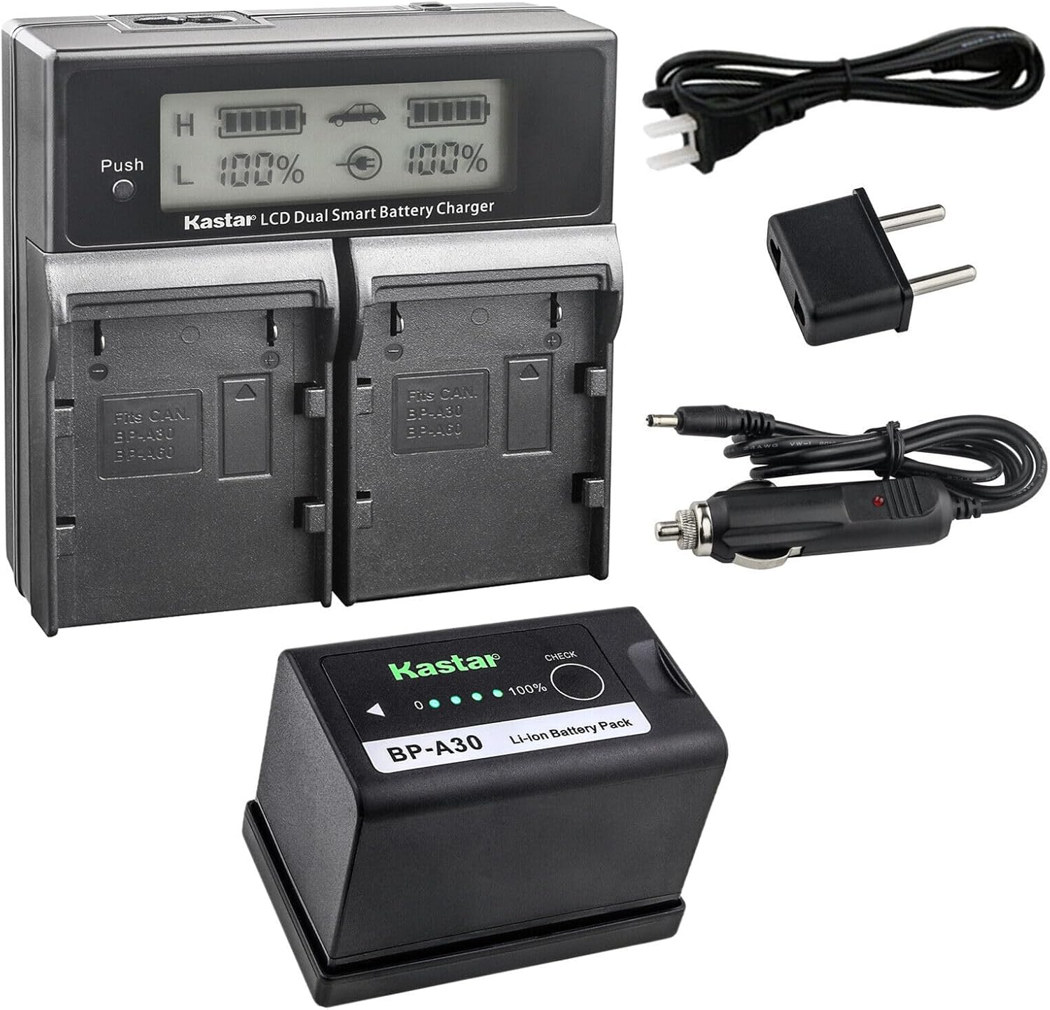 Kastar BP-A30 AC LCD Dual Fast Charger Compatible with Canon EOS C500 Mark II 6K Full-Frame Camera, EOS C70 Cinema Camera (RF Lens Mount), EOS C700 PL 4K Cinema PL C 700 Camcorder