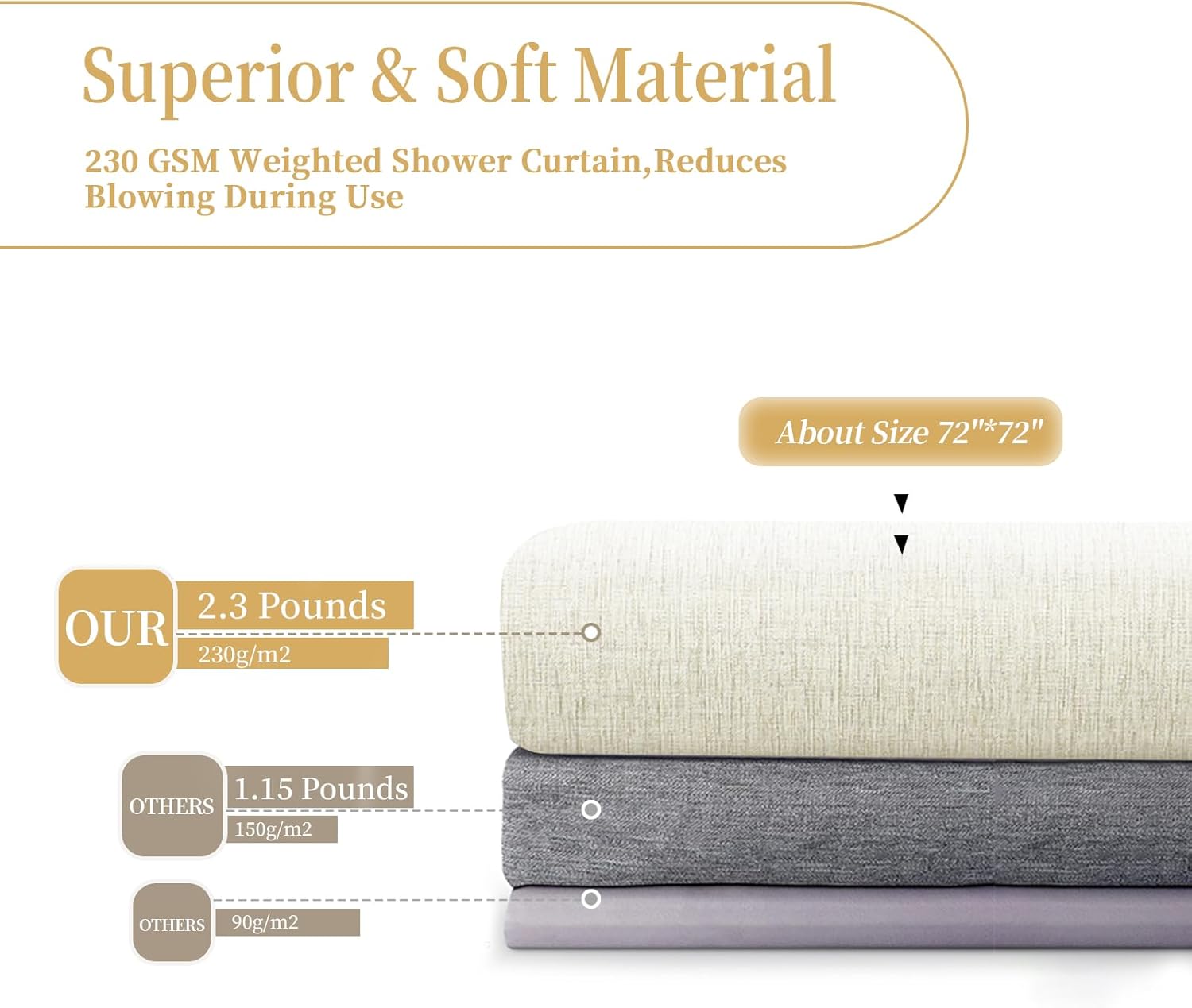 Linen Shower Curtain, Heavy-Duty Linen-Texture Fabric Shower Curtain with Weighted Hem That Reduces its Blowing, Soft Waterproof Shower Curtains with 12 Stainless Steel Hooks for,60.2"x72"(Beige)