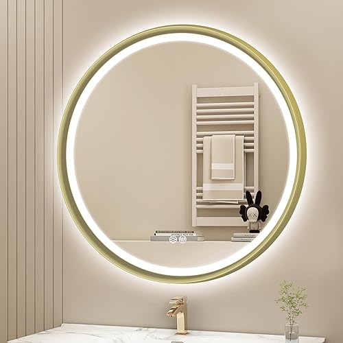 Miniatura 11 de S'bagno Espejo LED Dorado de 32X24 para baño con luz frontal y retroiluminación, espejo de baño LED con marco de metal, antivaho, regulable