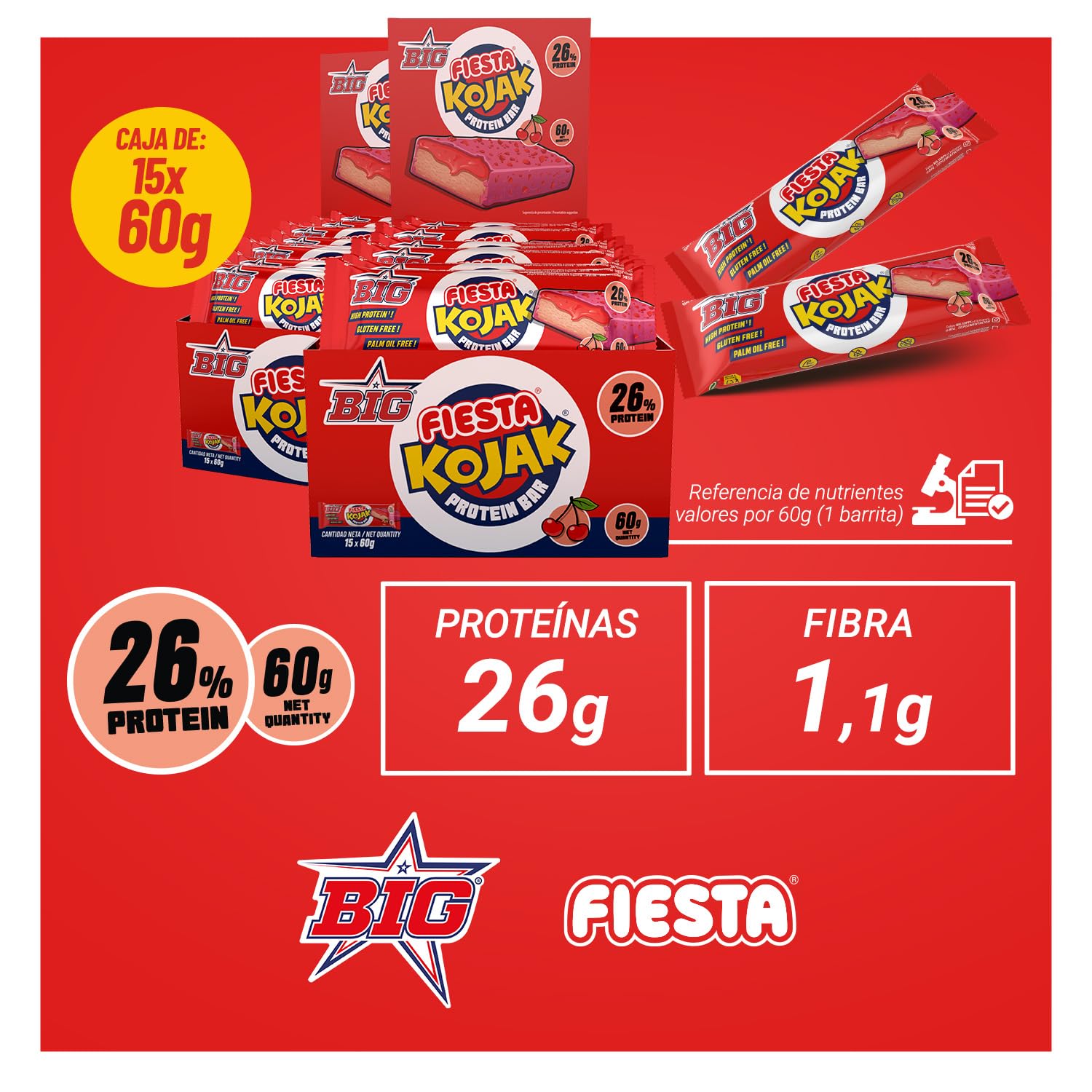 BIG - Fiesta Kojak Barritas Proteina 26gr de Proteina Caja 15 unidades con Toppings de Caramelo Sin Gluten y Sin Aceite de Palma para Recuperacion Muscular y Snack Saludable Post-Entreno