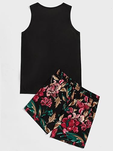 Miniatura 2 de GORGLITTER Conjunto de 2 piezas para hombre con estampado floral cintura elástica pantalones cortos sin mangas