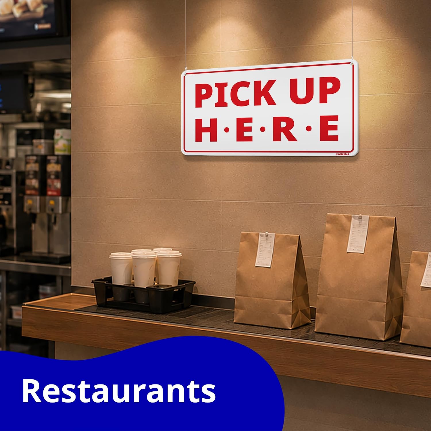 GEEKBEAR Order Here and Pick Up Here Signs (White) - 2 Pack, 12" x 6" - Premium, Non-Fading Design with Special Hanging Hooks - Perfect for Restaurants, Cafes, and Bars - Made of Durable Acrylic