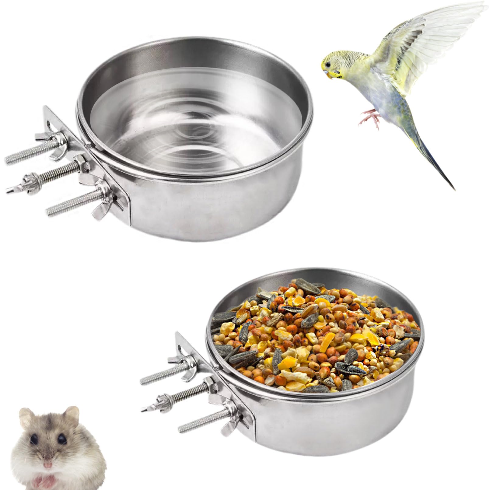 Stainless Steel Pet Crate Bowls, 2-Pack Rabbit Food Water Bowls No Spill Removable Hanging Parrot Feeding Cups Kennel Feeder Coop Cup for Small Medium Pets Birds Bunnies Cats Dogs (S+M)