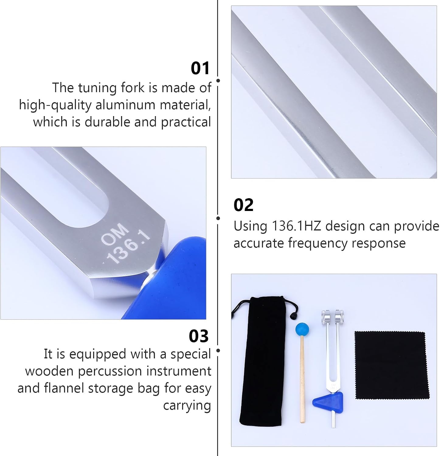 Aluminum Alloy Healing Tuning Fork Set 6pcs with Drumstick, Blue Triangular Silicone, Wrench, Cloth Bag for Yoga Sound Therapy and Healing Random Color