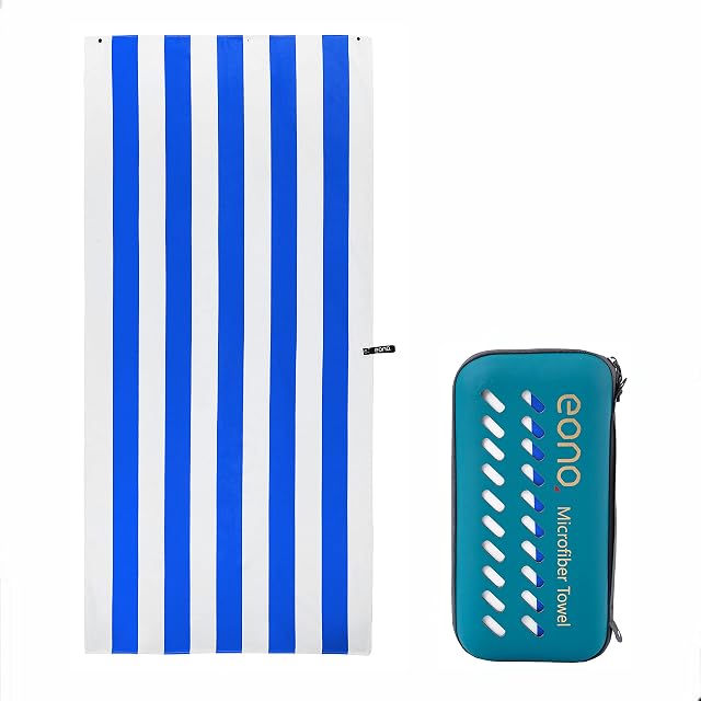Amazon Brand - Eono Microfiber Beach Towel 200x100cm - Extra Large Quick Dry Swimming Towel Oversized, Super Absorbent, Sand Free and Ultra Compact for Pool, Travel or Camping - Darkblue Stripe