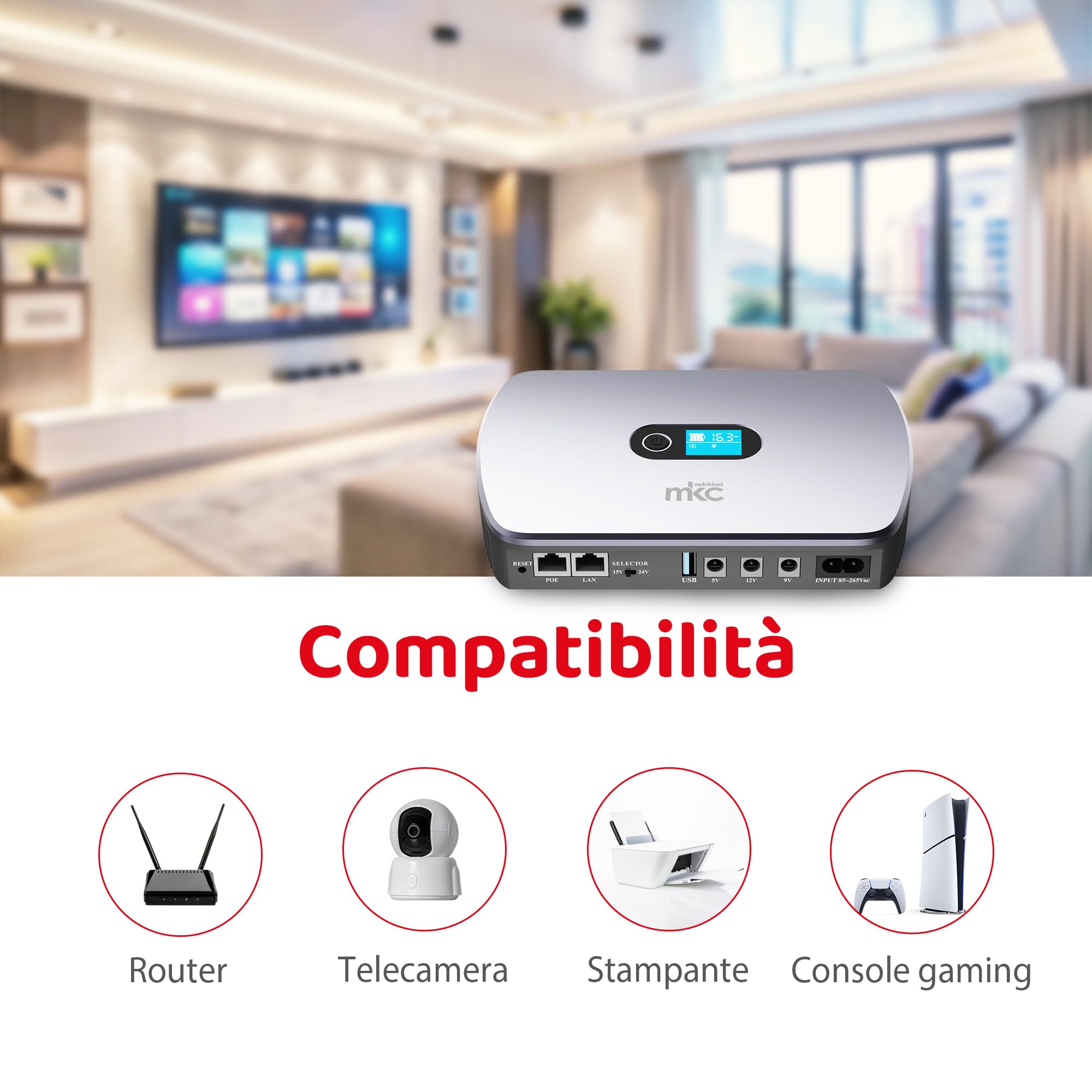 Melchioni Mini onduleur MK-8800 avec écran LCD et Plusieurs Sorties pour routeur et Intelligent, 18000 mAh (66 Wh) Alimentation sans Interruption 12 V/2 A avec USB 5 V/3,6 A et PoE