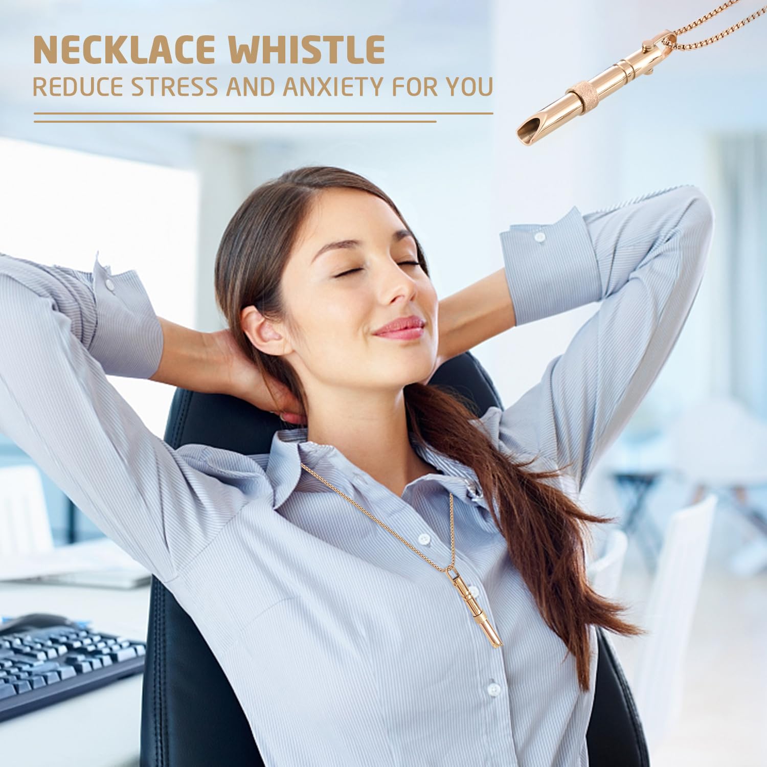 1 sifflet pour collier en acier inoxydable, décoration pour la méditation, relaxation, collier anti-stress, sifflet pour exercices de respiration profonde (or)