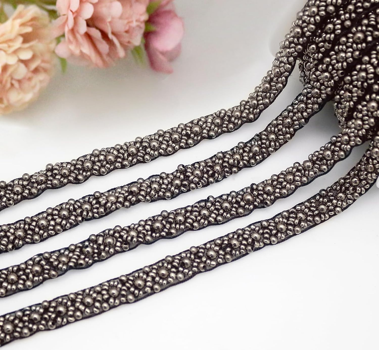 2 Yards 1cm Pearl Beaded Trim Bridal Lace Ribbon Trimming Edge Straps for Wedding Dress Sewing Crystal Rhinestone Applique Craft DIY Decoration （1# White）