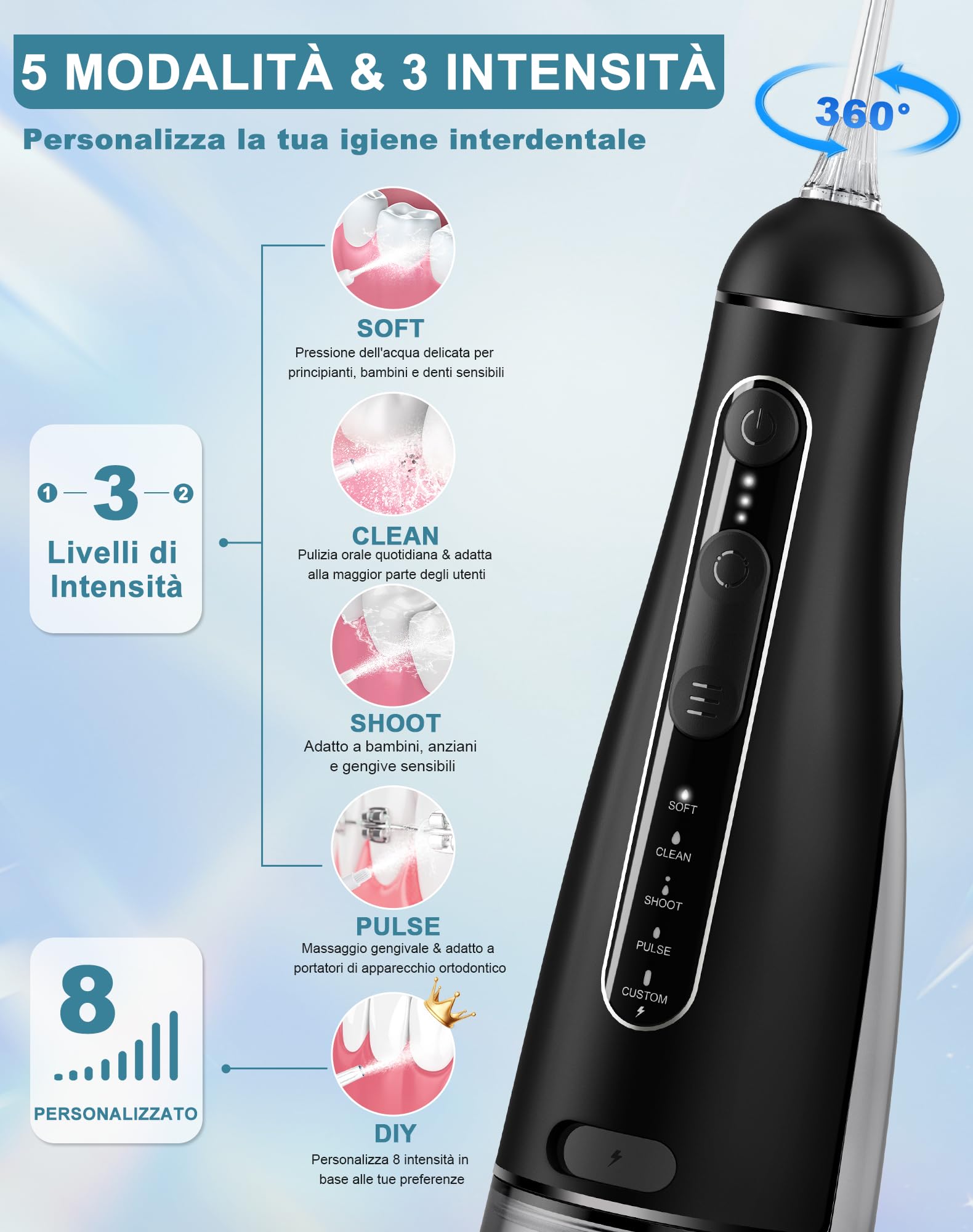 Irrigador Dental Portatil DIY, Irrigador Bucal Inalámbrico 5 Modos y 3 Intensidades, Depósito 300 ml y Base Extraíble, Carga USB, Impermeable IPX7, Sin BPA, Silencioso, para Viajes y Hogar